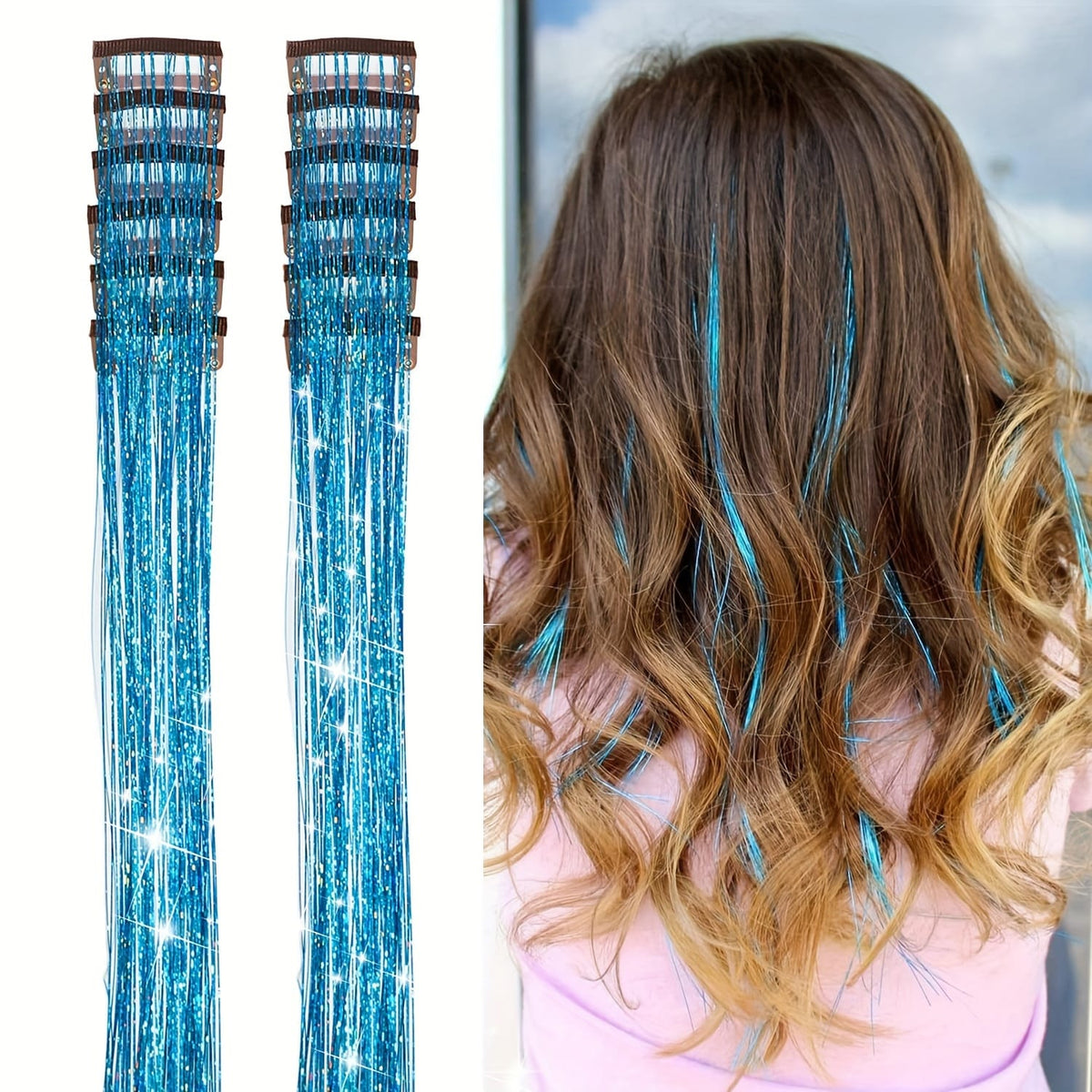 KissICON Sky Blue / 20inch KissIcon Hair Tinsel Clip In Extensions - Heat