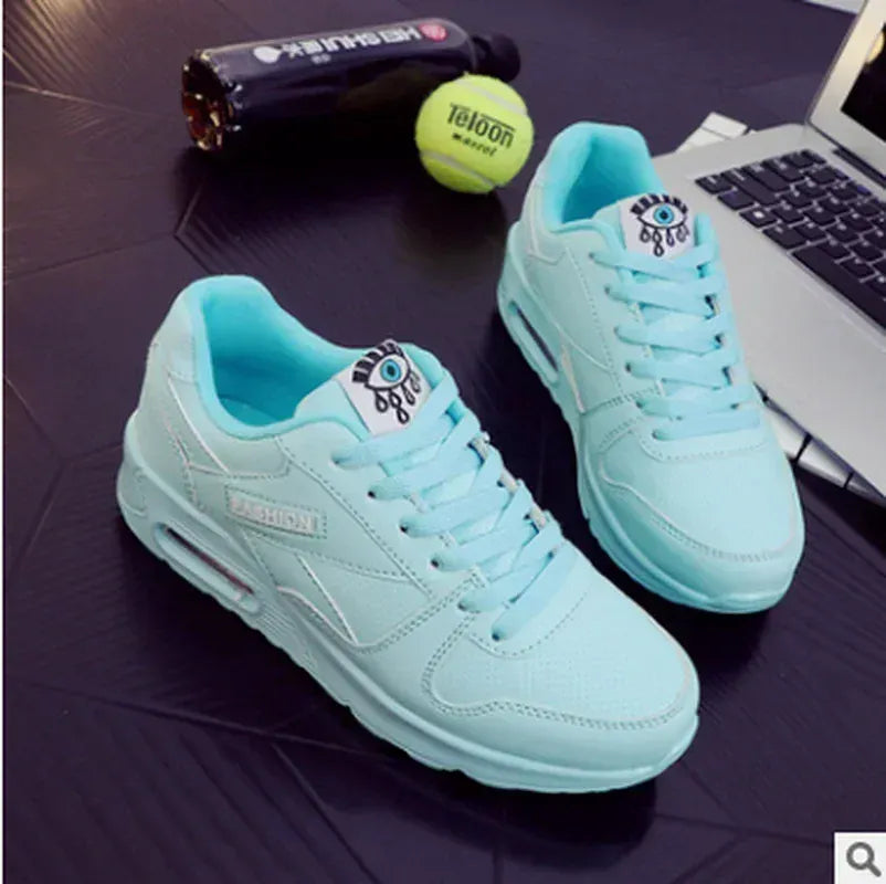 Dropshipman SKY BLUE / 36 Women Fashion Sneakers Air Cushion Sports Shoes Pu Leather Blue Shoes White Pink Outdoor Walking Jogging Shoes Female Trainers