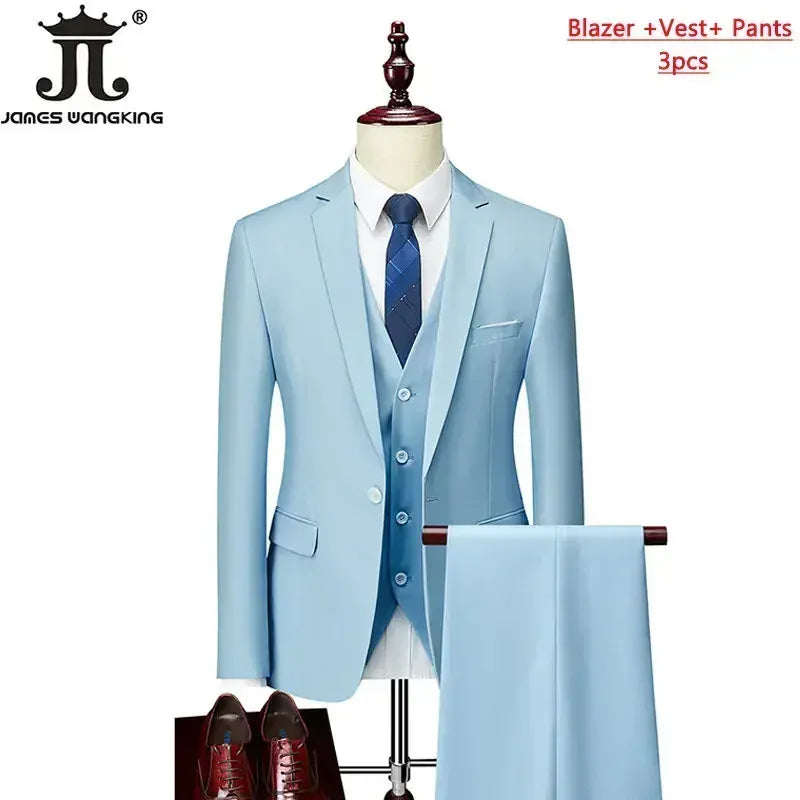 KissICON Sky blue 3Pcs / M (US XXS) Mens Solid Color Formal Business 3Piece Suit M6XL