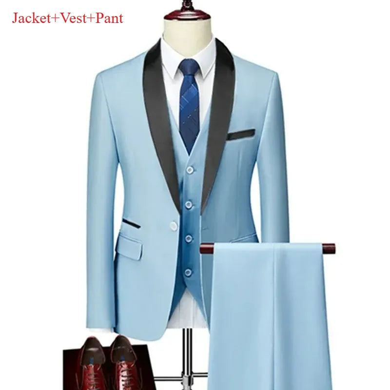 KissICON Sky Blue 3pcs Set / XXXL Mens Black Lapel Suit Coat Vest Trousers for Formal Events