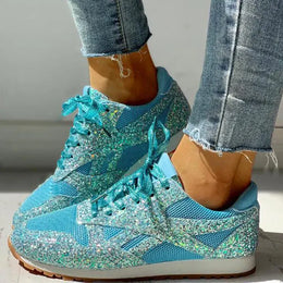 Dropshipman Sky blue / 6 Women Flat Glitter Sneakers Casual Bling Vulcanized Shoes Female Mesh Lace Up Platform Comfort Plus Size Fashion Ladies Autumn99