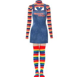 KissICON SKY BLUE / M / halloween costume Halloween Costumes for Women Scary Nightmare Killer Doll Wanna Play Movie Character Chucky Doll Costume With Stockings
