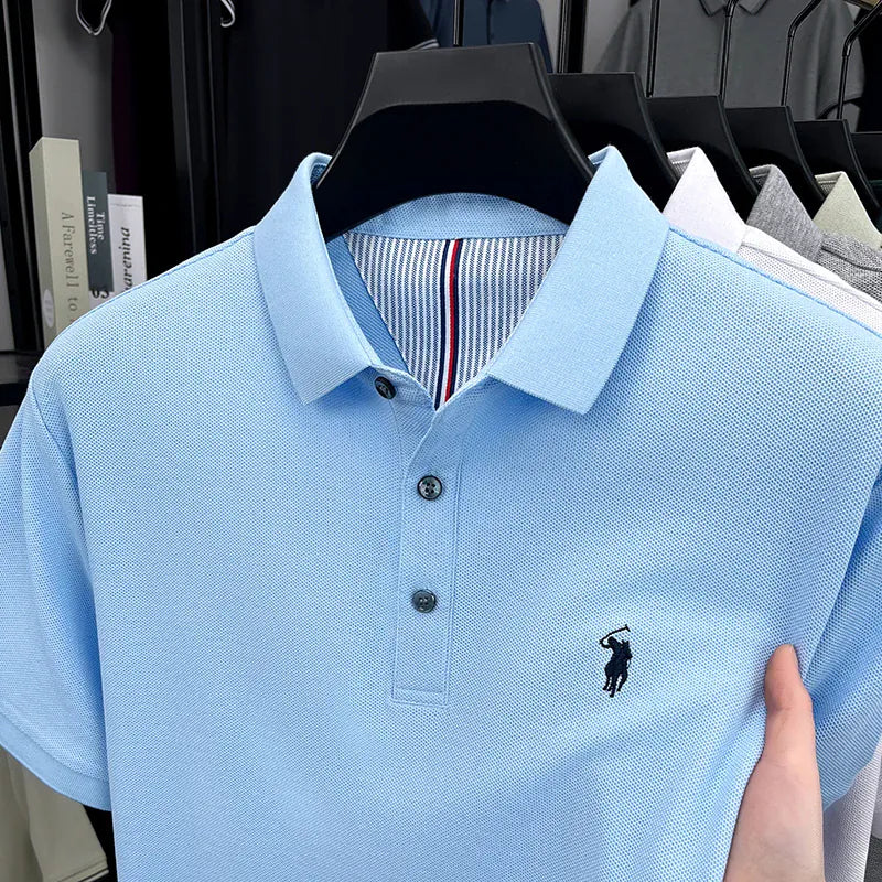 KissICON SKY BLUE / M Luxury Cotton Polo Pony Embroidery Summer Business Golf Top