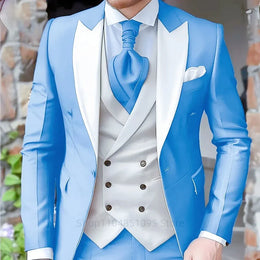 KissICON Sky Blue / M Mens Elegant Peak Lapel 3Piece Tuxedo Suit