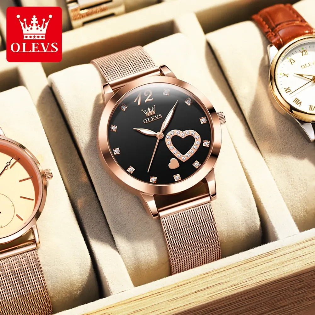 KissICON SKY BLUE OLEVS Japan Quartz Women Watch Stainless steel Bracelet "Love" Dial Fashion Elegant Waterproof Luminous Quartz Watch for Ladies