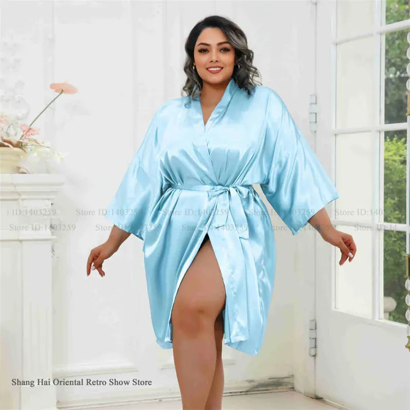 KissICON Sky Blue / One Size Plus Size Women Robe Half Sleeve Bathrobe Kimono