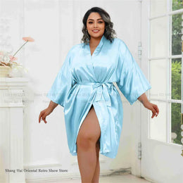 KissICON Sky Blue / One Size Plus Size Women Robe Half Sleeve Bathrobe Kimono