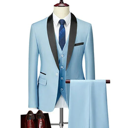 KissICON Sky Blue / S Mens Beige Tuxedo Suit Jacket Vest Pants Set