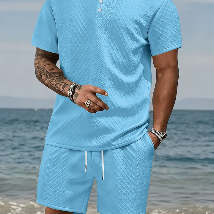 Plus Size Men'S Clothing, Plus Size Men'S Fashion Casual Suit, Textured Athletic Two-Piece Set, Short Sleeve Lapel Polo Shirt And Pants with Drawstring Design, Loose And Breathable Casual Fashion, Suitable for Casual Outings, Travel, Beach Vacation