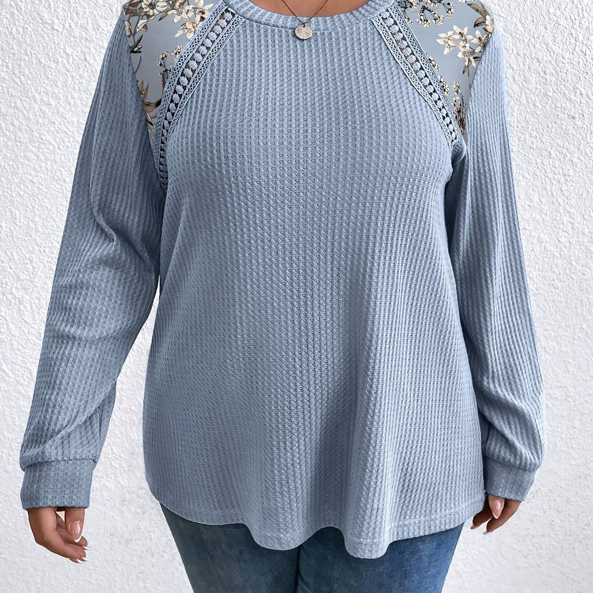 jkthpu-45 Sky Blue / UK 16 Plus Size Floral Mesh Blouse Elegant SpringFall Style