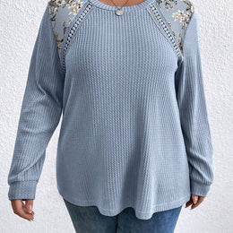 jkthpu-45 Sky Blue / UK 16 Plus Size Floral Mesh Blouse Elegant SpringFall Style