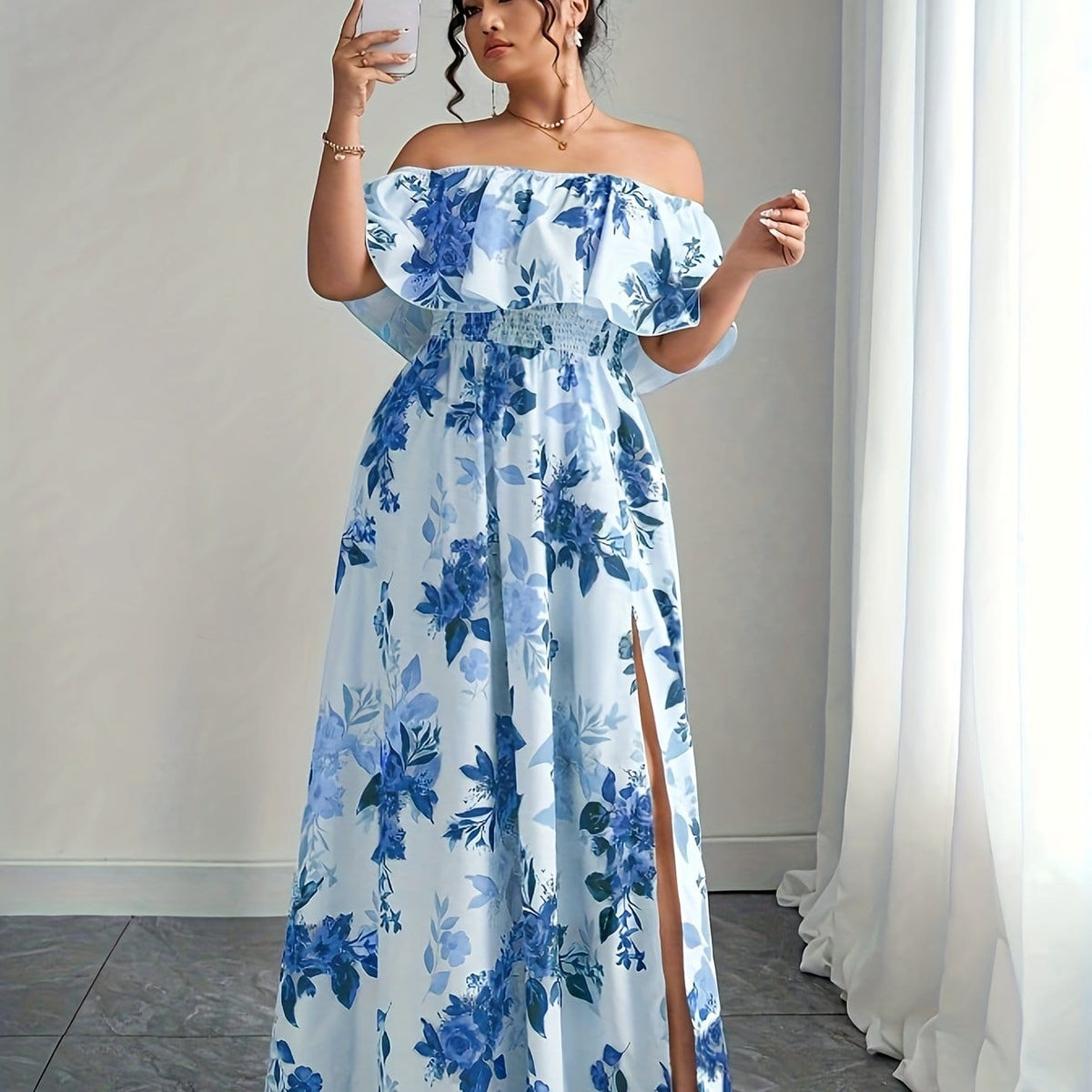 jkthpu-45 Sky Blue / UK 16 Plus Size, Women's Floral maxi dress - Elegant flowy party & Formal Event Gown, Beige and Black Floral Print, Machine Washable Non-Stretch Fabric for Wedding, Gala, Everyday Outfits - Plus Size Friendly, Spring Fashion, Fitted Silhouette, Easy Care Materi