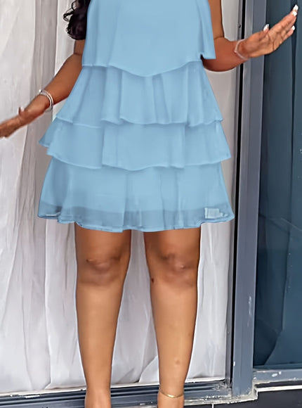jkthpu-45 Sky Blue / UK 16 Plus Size, Women's Lightweight Non-Stretchy Summer dress - Flared Hem Beach party Outfit, Machine Washable Formal Casual Evening Dress in Elegant Solid color