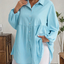 KissICON Sky Blue / UK 16 Plus Size, Women's Plus Size Oversized White & Green Horizontal Striped Button- Shirt Jacket-like Blouse - Short Sleeve-like Collar, Wrinkle-Resistant (Machine Washable) H-Line Fit for Year-Round Casual & Dressy Wear (No)