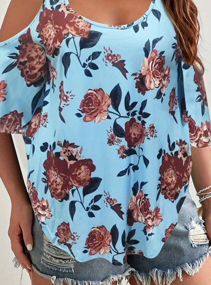 jkthpu-45 Sky Blue / UK 16 Women'S Plus Size Floral Off-Shoulder Top with Ruffle