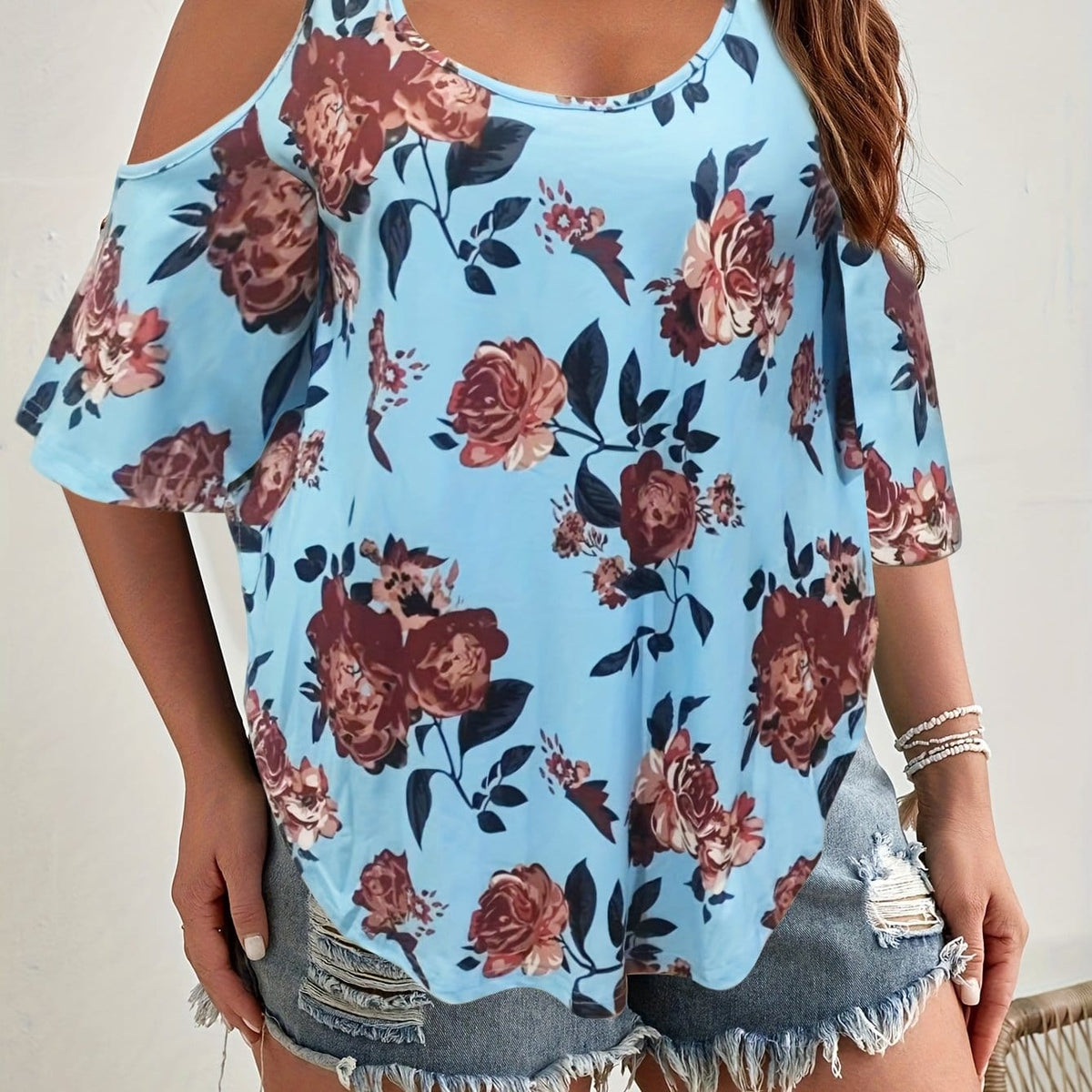 jkthpu-45 Sky Blue / UK 16 Women'S Plus Size Floral Off-Shoulder Top with Ruffle