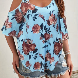 jkthpu-45 Sky Blue / UK 16 Women'S Plus Size Floral Off-Shoulder Top with Ruffle