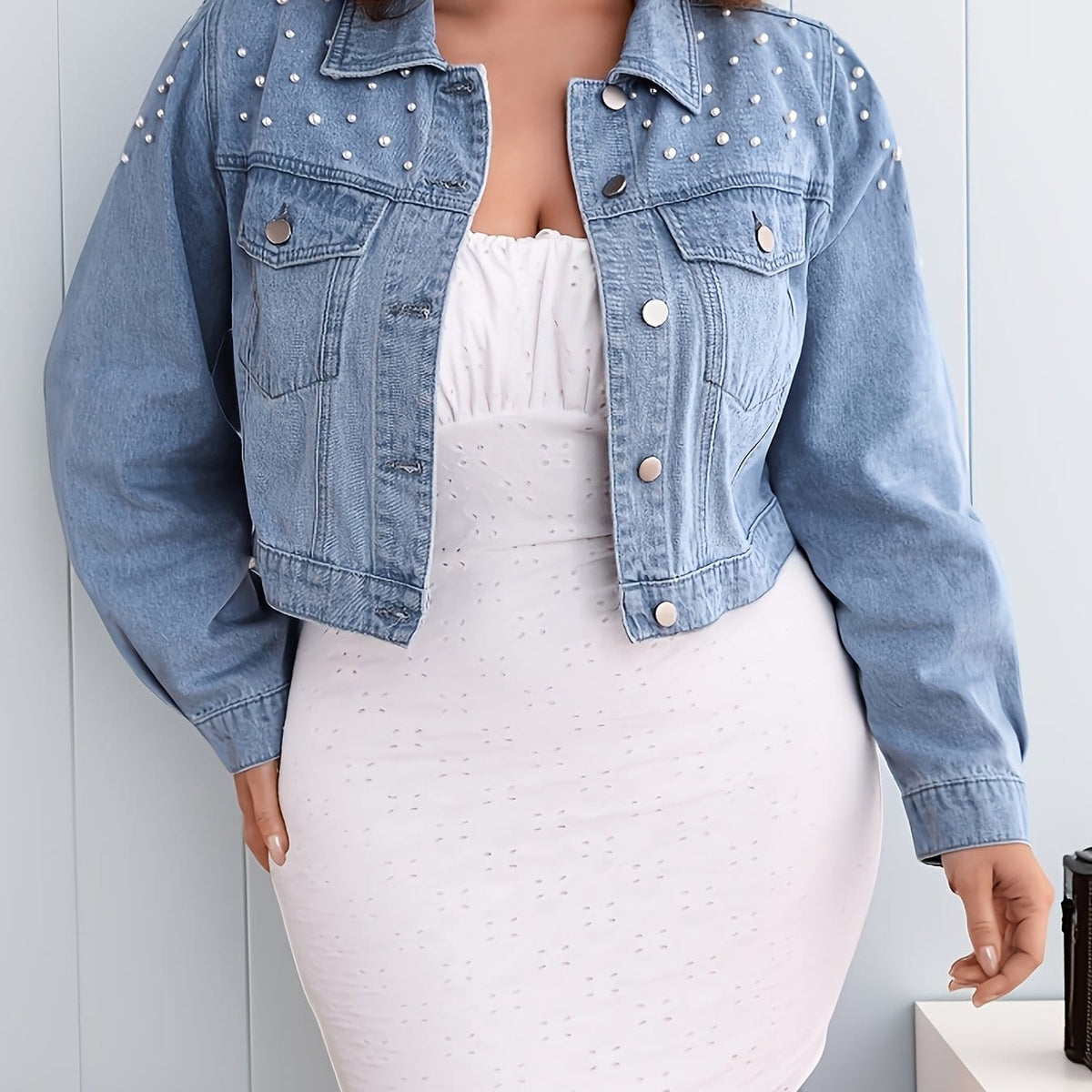 jkthpu-45 Sky Blue / UK 18 Pearl Rivet Vintage Light Blue Denim Jacket