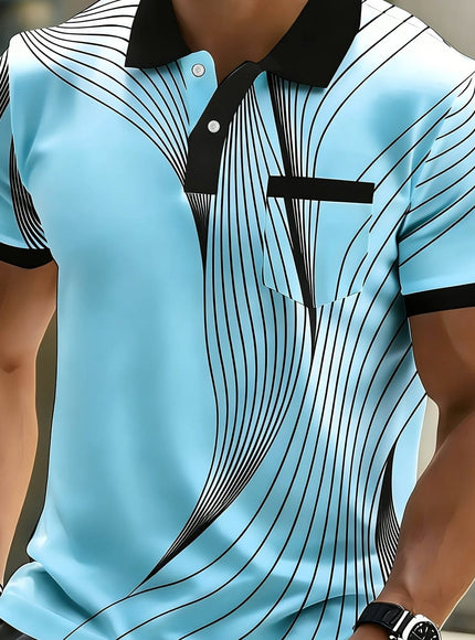 KissICON Sky Blue / UK 38 Dynamic Line Print Mens Modern ShortSleeve Polo