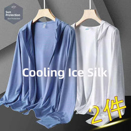 KissICON Sky blue + white (two pieces) / L suggest 47.5-55kg Mens Summer Ice Silk UV Fishing Jacket Lightweight Breathable Trendy