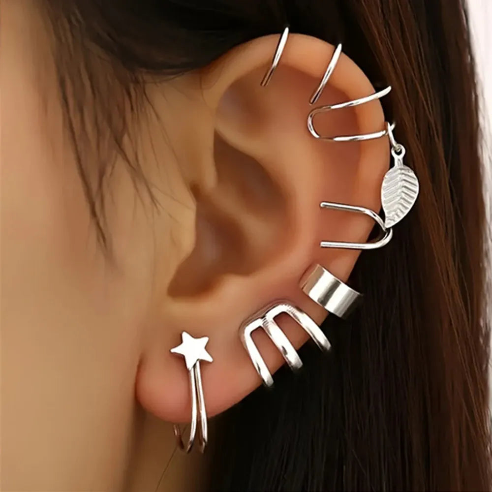 KissICON SL-6pcs 5pcs/set Trendy Elegant Design Ear Cuff Classic Elegant Style Gifts Women's No Piercing Clip Silver Earrings Circle Leaf Shaped
