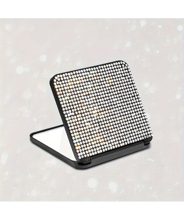 jkthpu-45 Sleek Silvery Square Folding Mirror Sparkling Rhinestone Folding Makeup Mirror  Portable DualSided Beauty