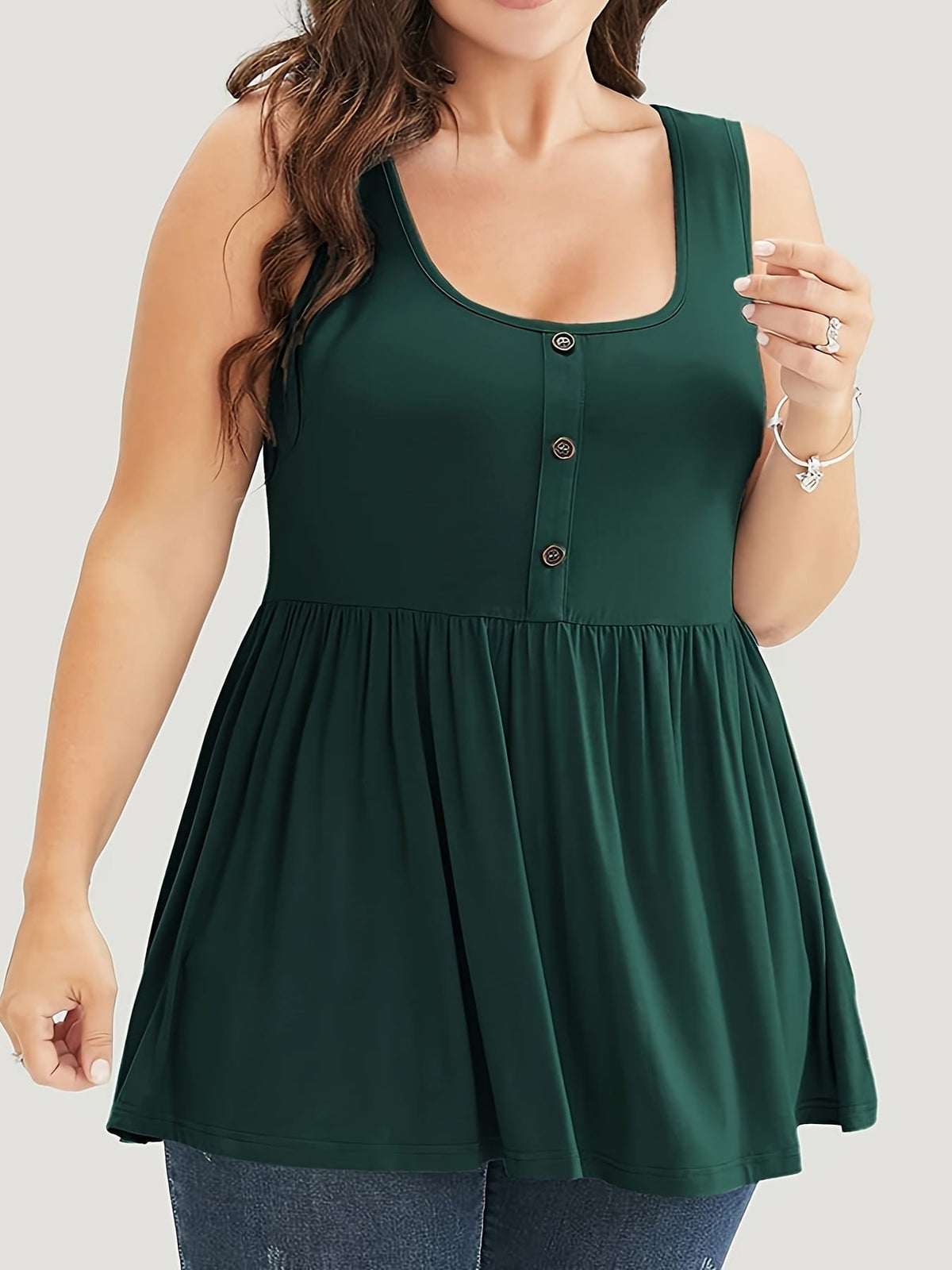 KissICON Solid Color Square Neck Button Detail Ruffled Hem