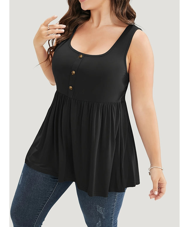 KissICON Solid Color Square Neck Button Detail Ruffled Hem