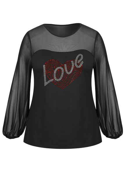 jkthpu-45 Sparkle Plus Size Valentine Heart Rhinestone Mesh Top