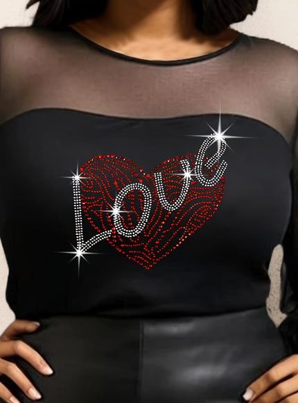 jkthpu-45 Sparkle Plus Size Valentine Heart Rhinestone Mesh Top