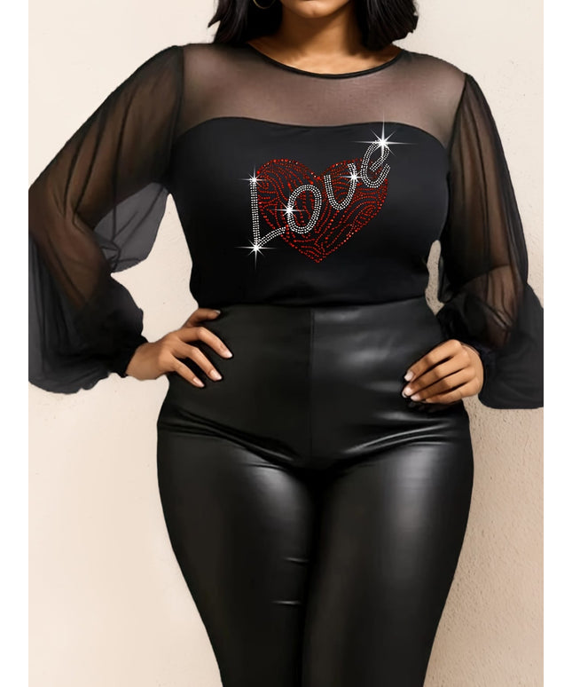 jkthpu-45 Sparkle Plus Size Valentine Heart Rhinestone Mesh Top