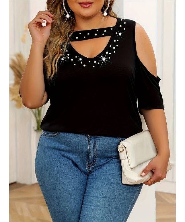 jkthpu-45 Sparkling Black VNeck Plus Size Top Elegant  Stretchy