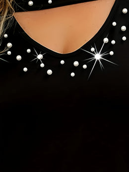 jkthpu-45 Sparkling Black VNeck Plus Size Top Elegant  Stretchy