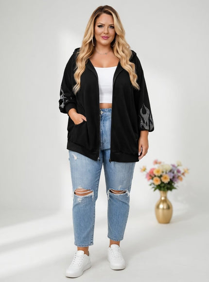 KissICON Hoodies & Sweatshirts Sparkling Flame Plus Size Black Loose Long Hoodie