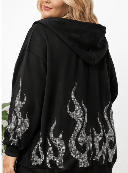KissICON Hoodies & Sweatshirts Sparkling Flame Plus Size Black Loose Long Hoodie