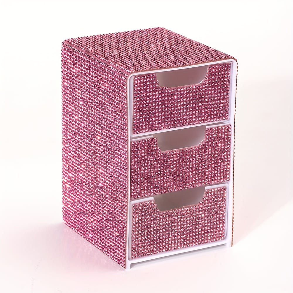 jkthpu-45 Sparkling Pink - Luxurious Three-Tier Diamond Drawer (1 Piece) Compact 3Layer Desktop Organizer Box for Makeup and More