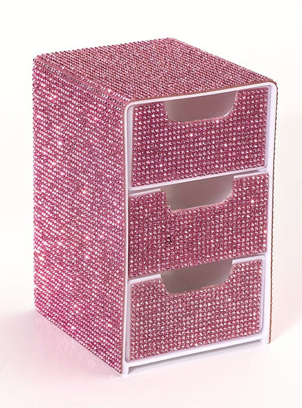 jkthpu-45 Sparkling Pink - Luxurious Three-Tier Diamond Drawer (1 Piece) Compact 3Layer Desktop Organizer Box for Makeup and More