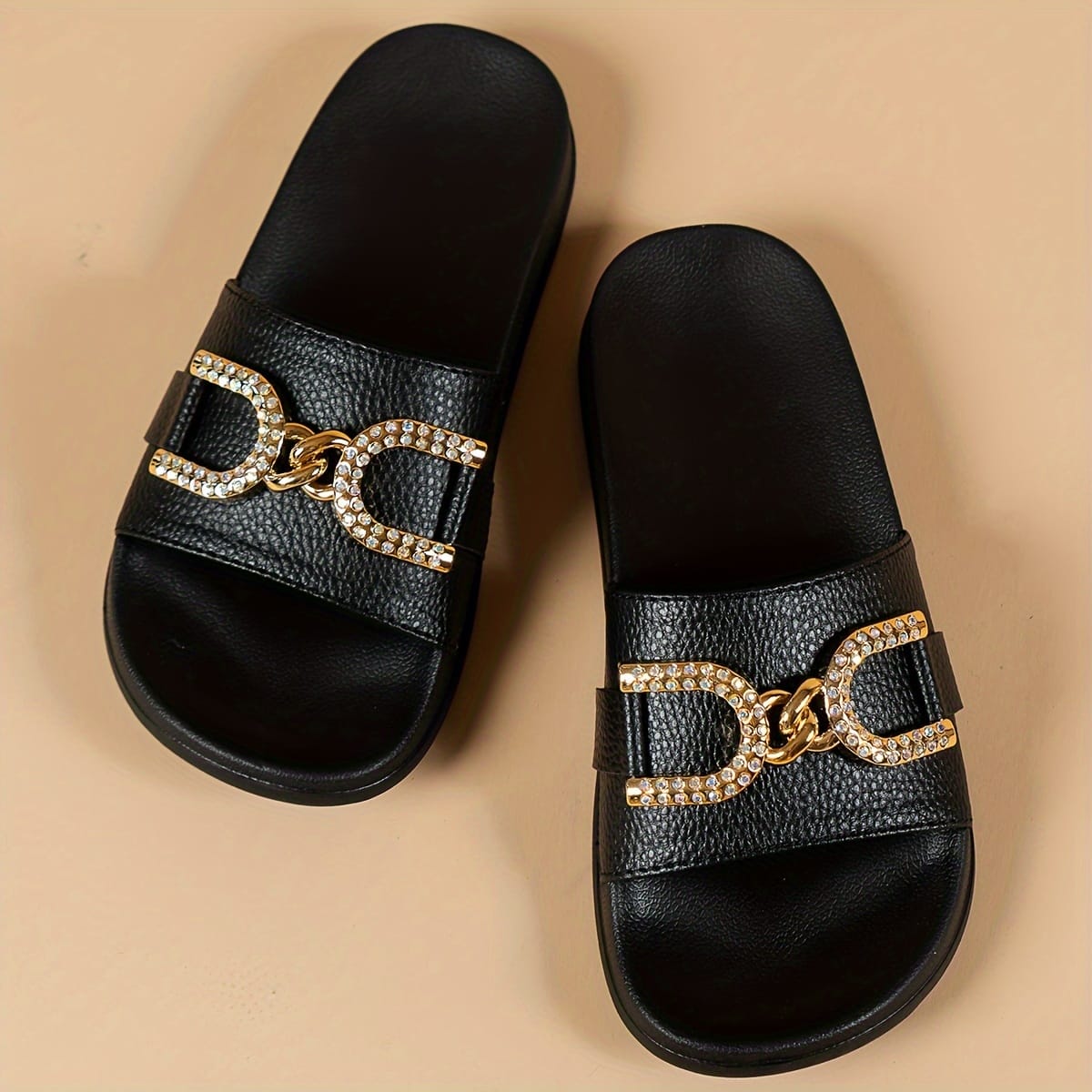 jkthpu-45 Sparkling Rhinestone Metal Buckle Comfy Memory Slippers