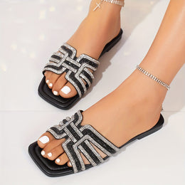 jkthpu-45 Sparkling Rhinestone Monogram Ankle Strap Slide Sandals