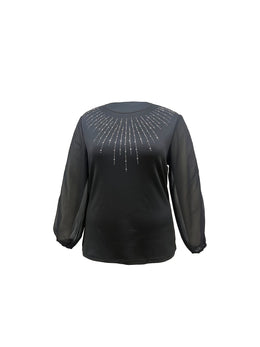 jkthpu-45 Sparkling Rhinestone Plus Size Black Top for Chic Style