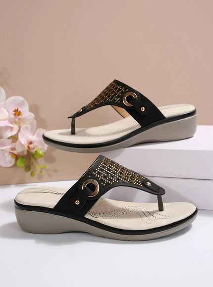 KissICON Sandals Sparkling Wedge Beach Sandals with Rhinestone Split Toe