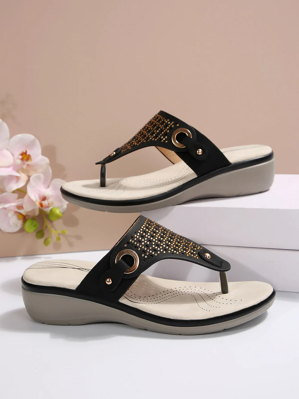 KissICON Sandals Sparkling Wedge Beach Sandals with Rhinestone Split Toe
