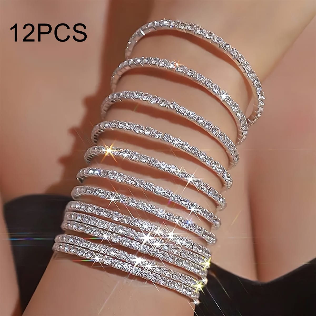 jkthpu-45 Sparkling White (12-Pack) Dazzling Rhinestone Stretch Bangles Sparkle  Shine Set