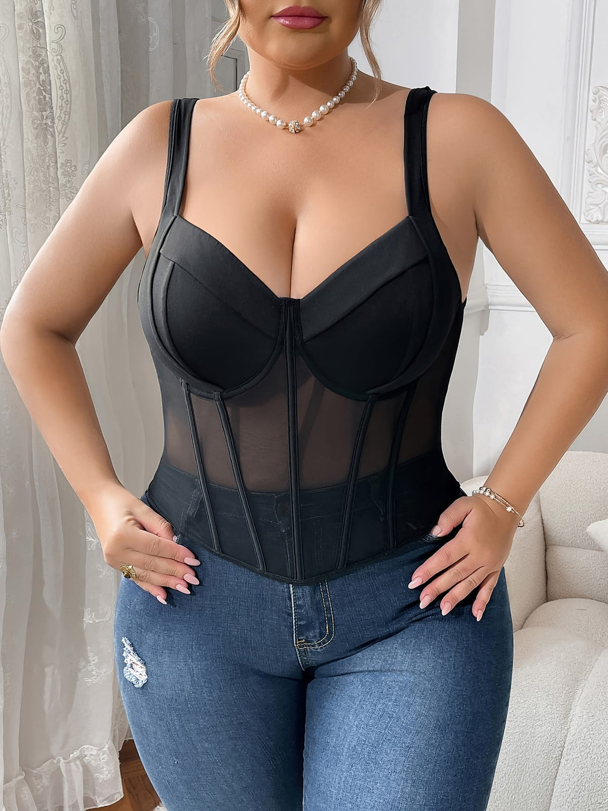 jkthpu-45 Spicy Plus Size Halter Corset Mesh Wrap Crop Top