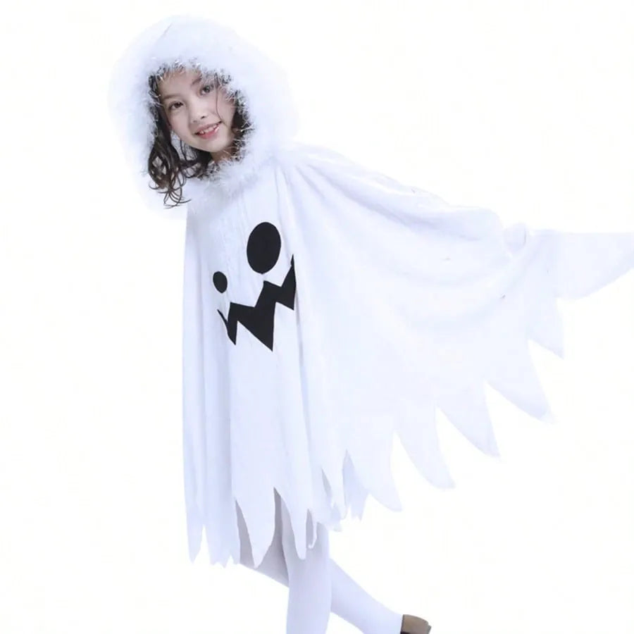 KissICON Spooky Hooded White Ghost Halloween Costume Cape for Kids