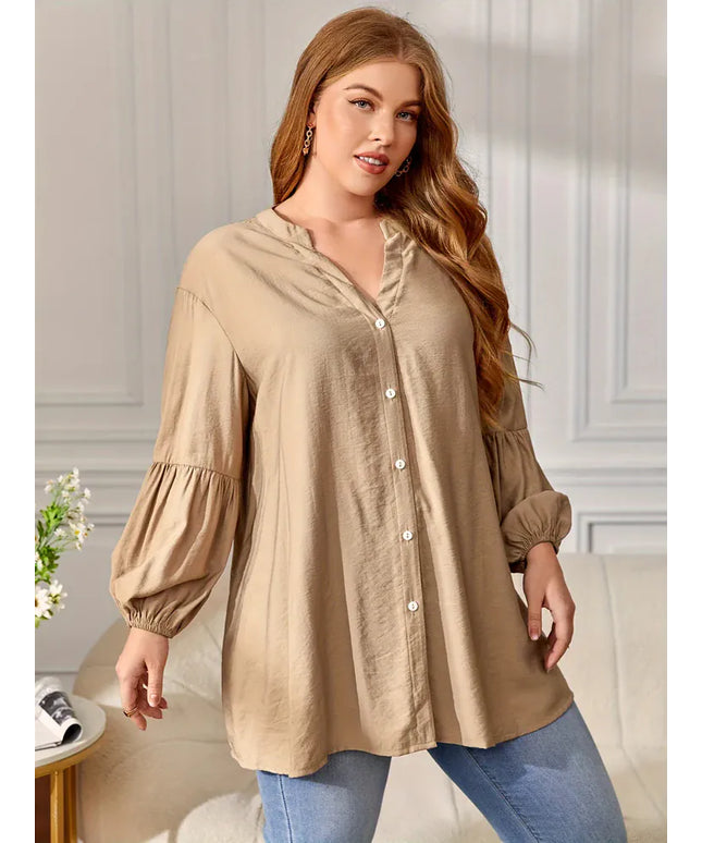 KissICON Spring plus Size Women's Solid Color Button Shirt Elegant Loose Blouse Versatile Office Commuter Wear 2025