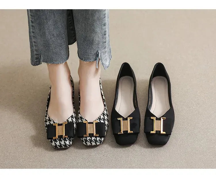 KissICON Square Toe Flat Shoes for Women's Spring Metal
