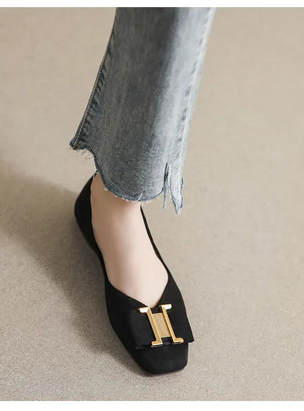 KissICON Square Toe Flat Shoes for Women's Spring Metal