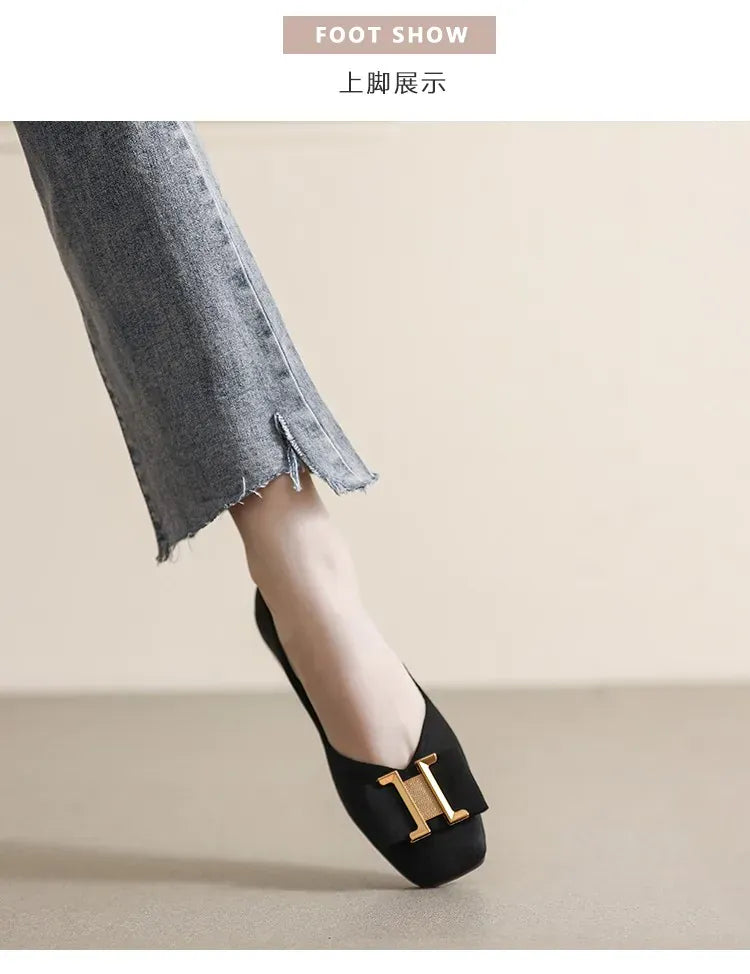 KissICON Square Toe Flat Shoes for Women's Spring Metal