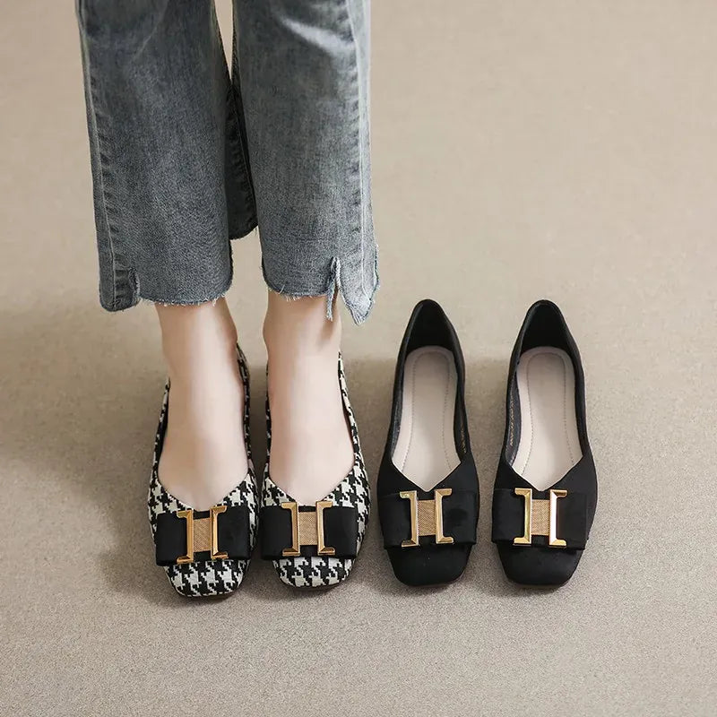 KissICON Square Toe Flat Shoes for Women's Spring Metal